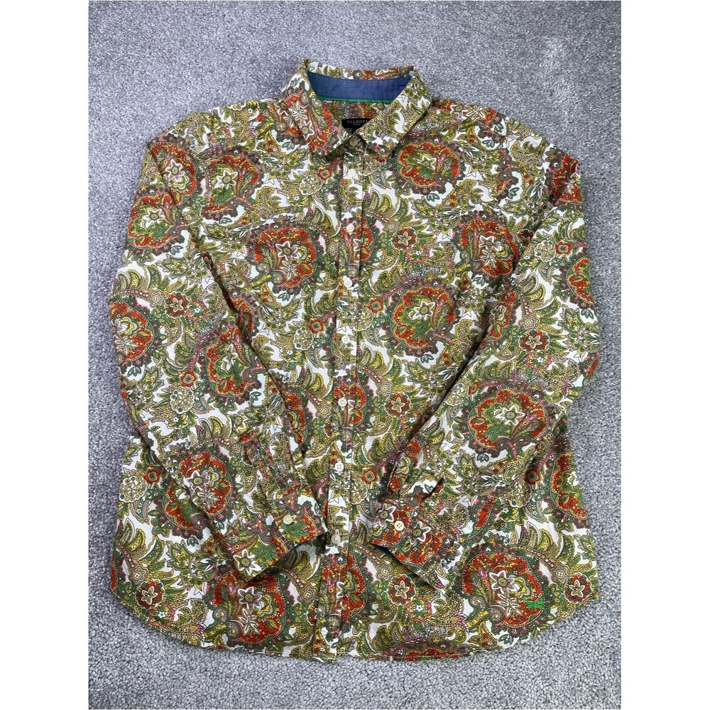 Talbots Button Front Shirt Women’s 14P Paisley Colorful Cotton Roll Tab Sleeves